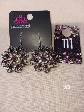 paparazzi Antique Silver Filigree Floral Earrings with Red Rhinestones